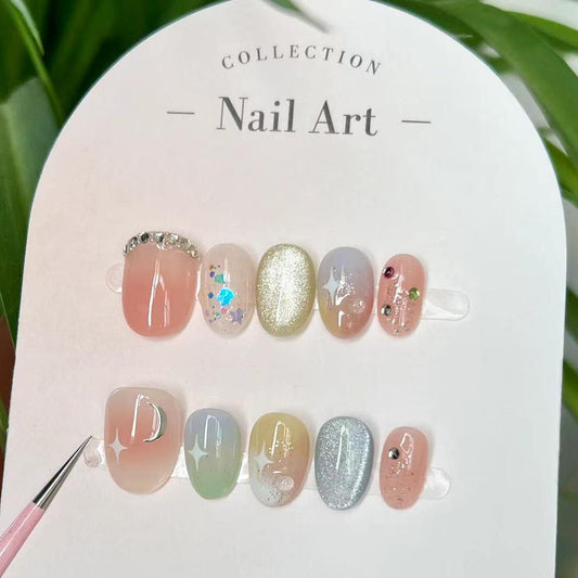 Handmade press-on nails: Summer new INS style cat-eye glass beads nail stickers, fresh, cute, and brightening.