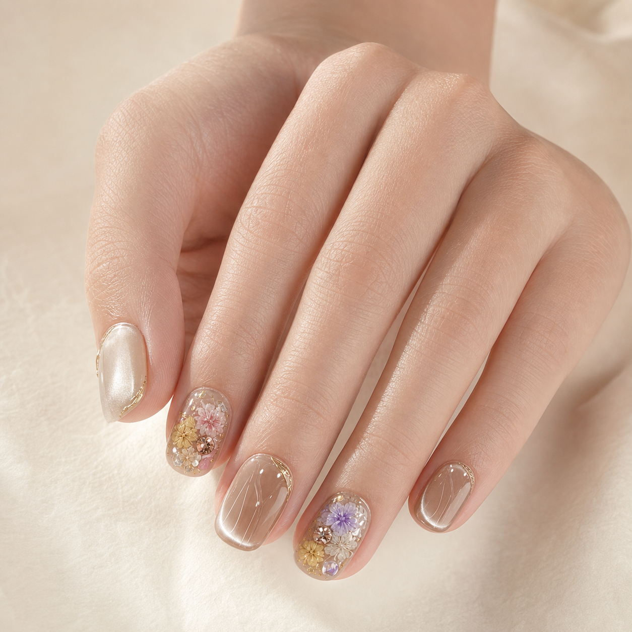 Model wearing Monet garden floral press-on nails