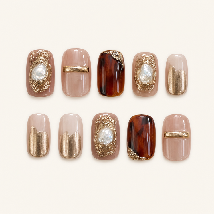 Square metallic baroque tortoise press-on nails