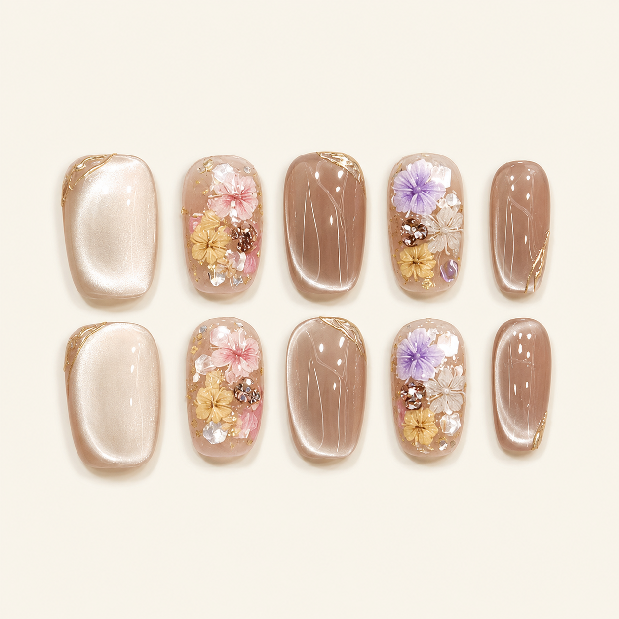 Monet garden floral cat-eye press-on nails