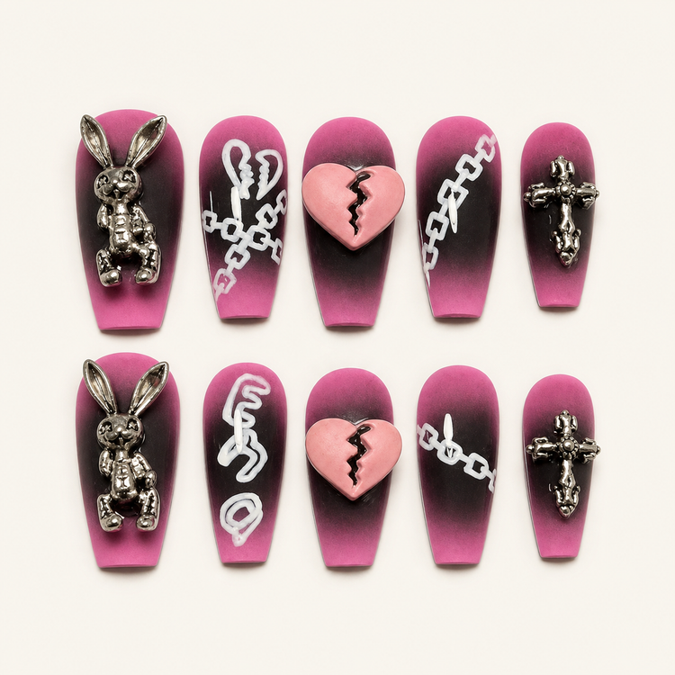 Medium pink black heart bunny press-on nails
