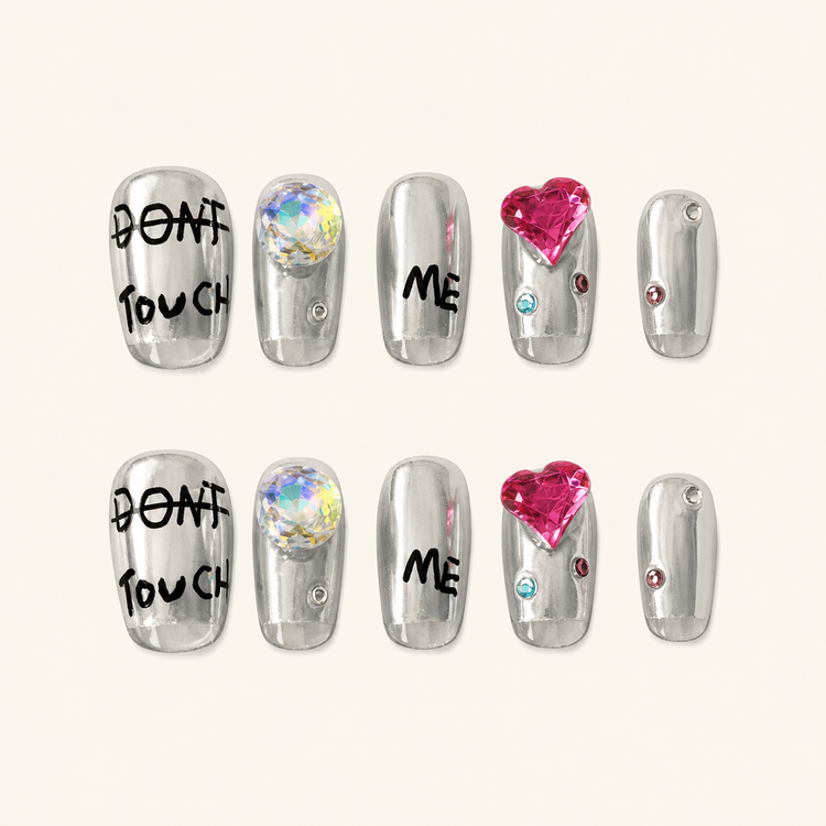 Romantic silver pink heart rhinestone press-on nails