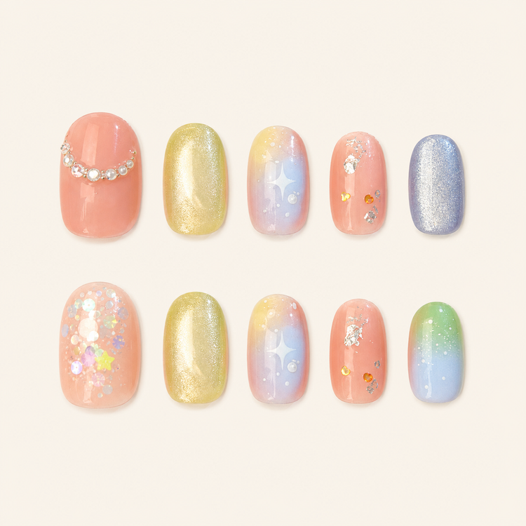 Summer glass-bead cat-eye press-on nails
