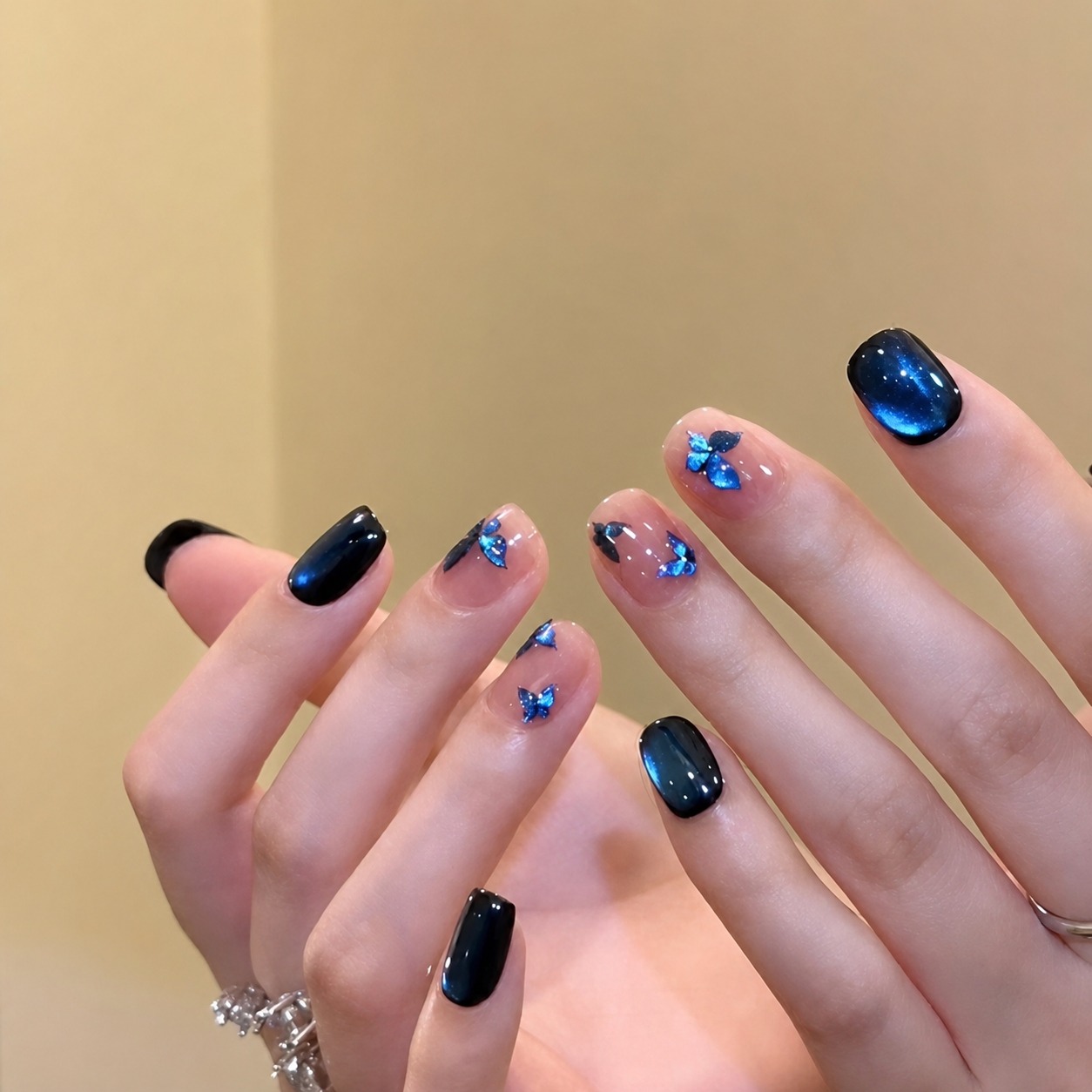 Blue Glass-Bead Butterfly Cat Eye Press-On Nails