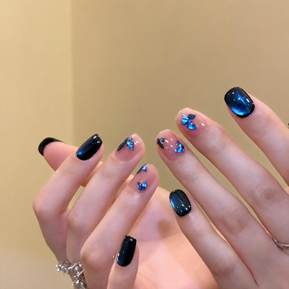 Blue Glass-Bead Butterfly Cat Eye Press-On Nails
