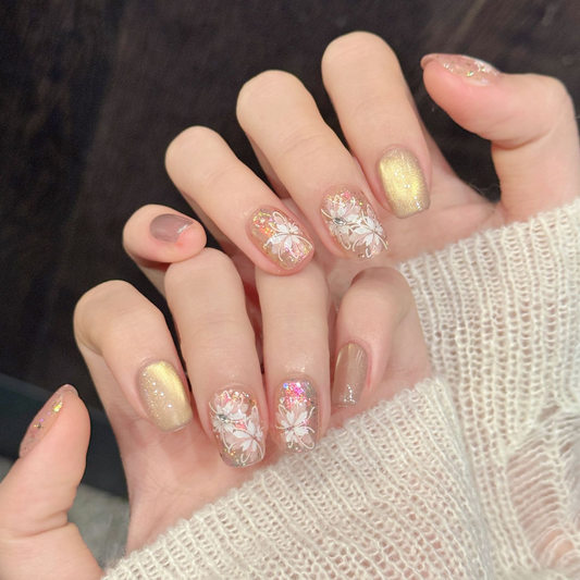 Golden Veil Floral Glass Press-On Nails product image