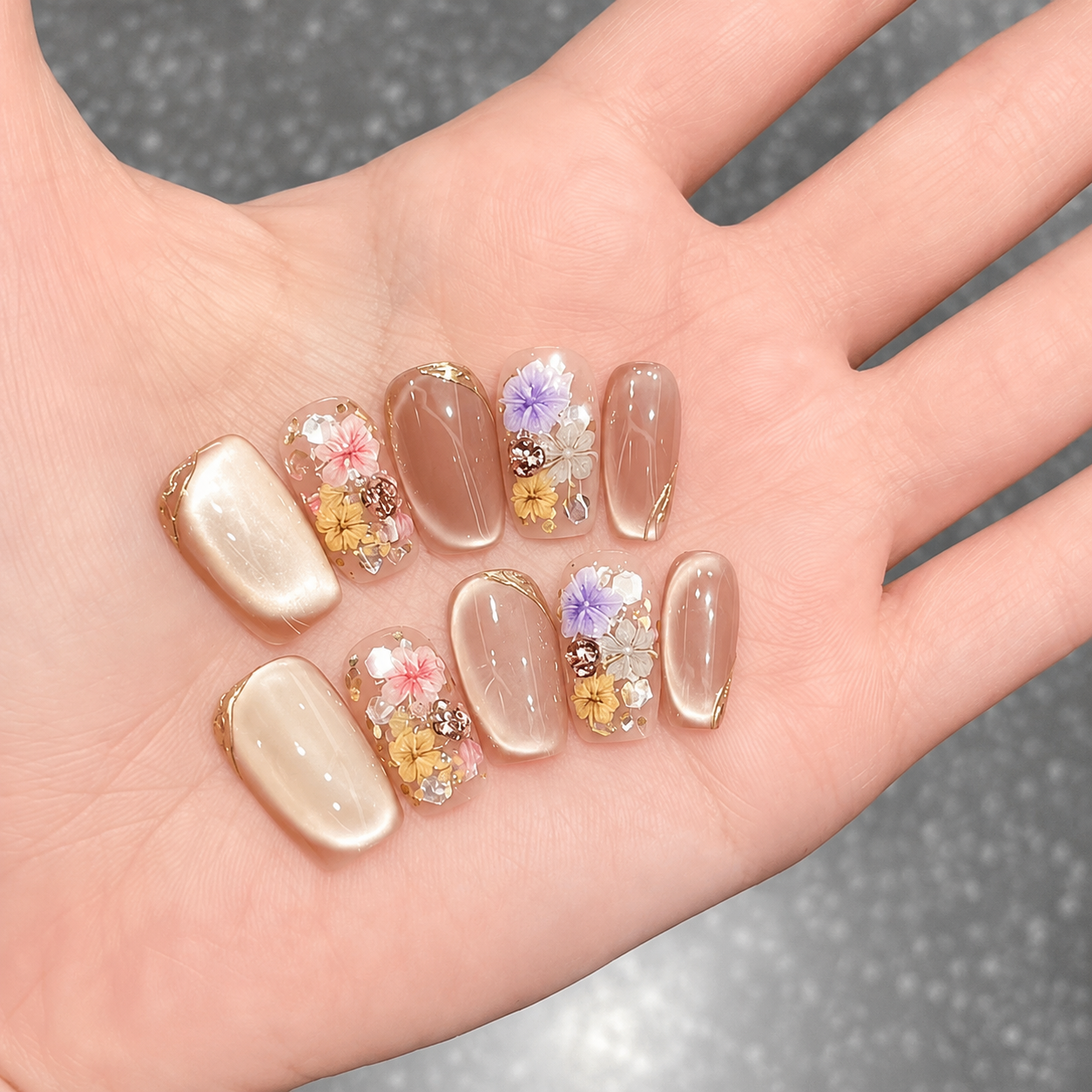 Monet Garden Glass-Bead Cat Eye Press-On Nails