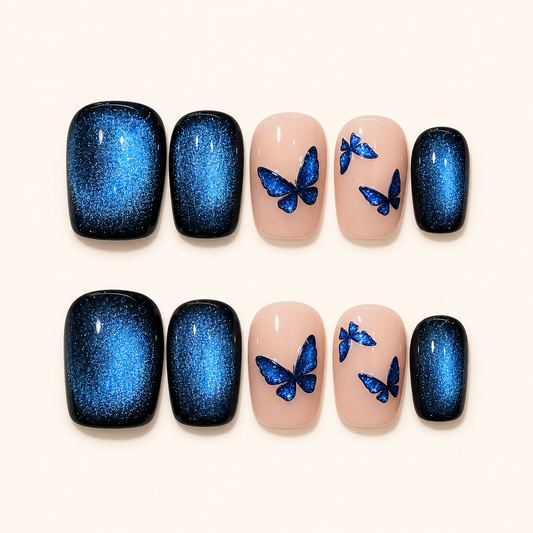 Blue Glass-Bead Butterfly Cat Eye Press-On Nails product image