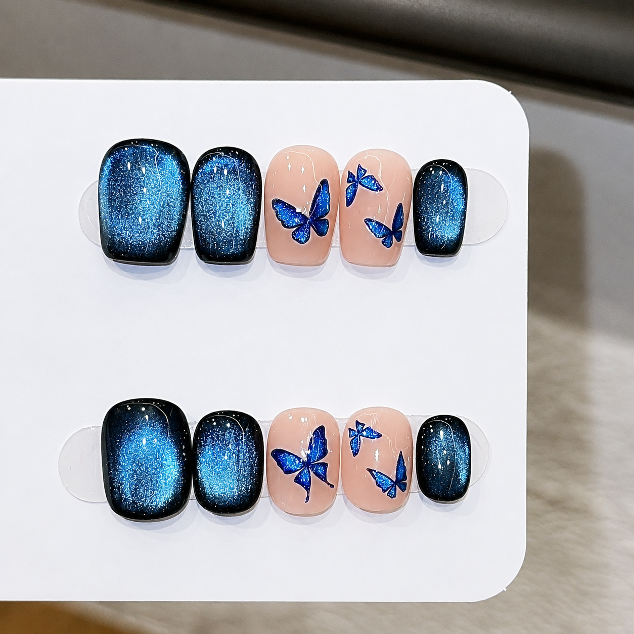 Blue Glass-Bead Butterfly Cat Eye Press-On Nails