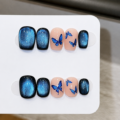 Blue Glass-Bead Butterfly Cat Eye Press-On Nails