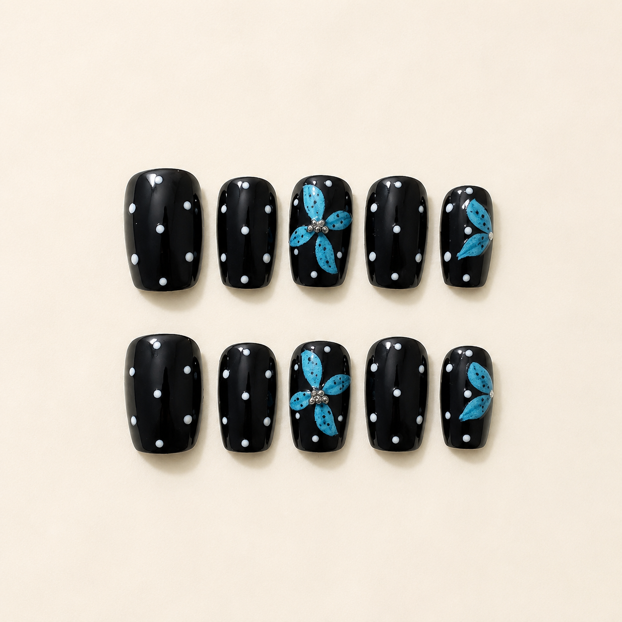 Blue Black Polka Dot Floral Press-On Nails product image