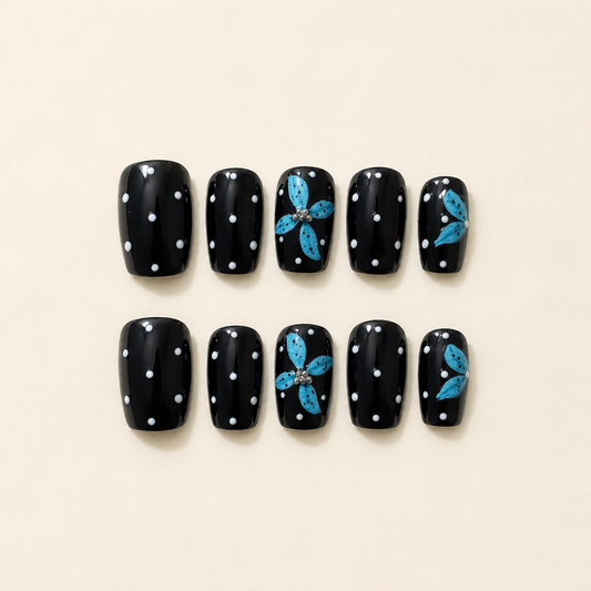 Blue Black Polka Dot Floral Press-On Nails product image