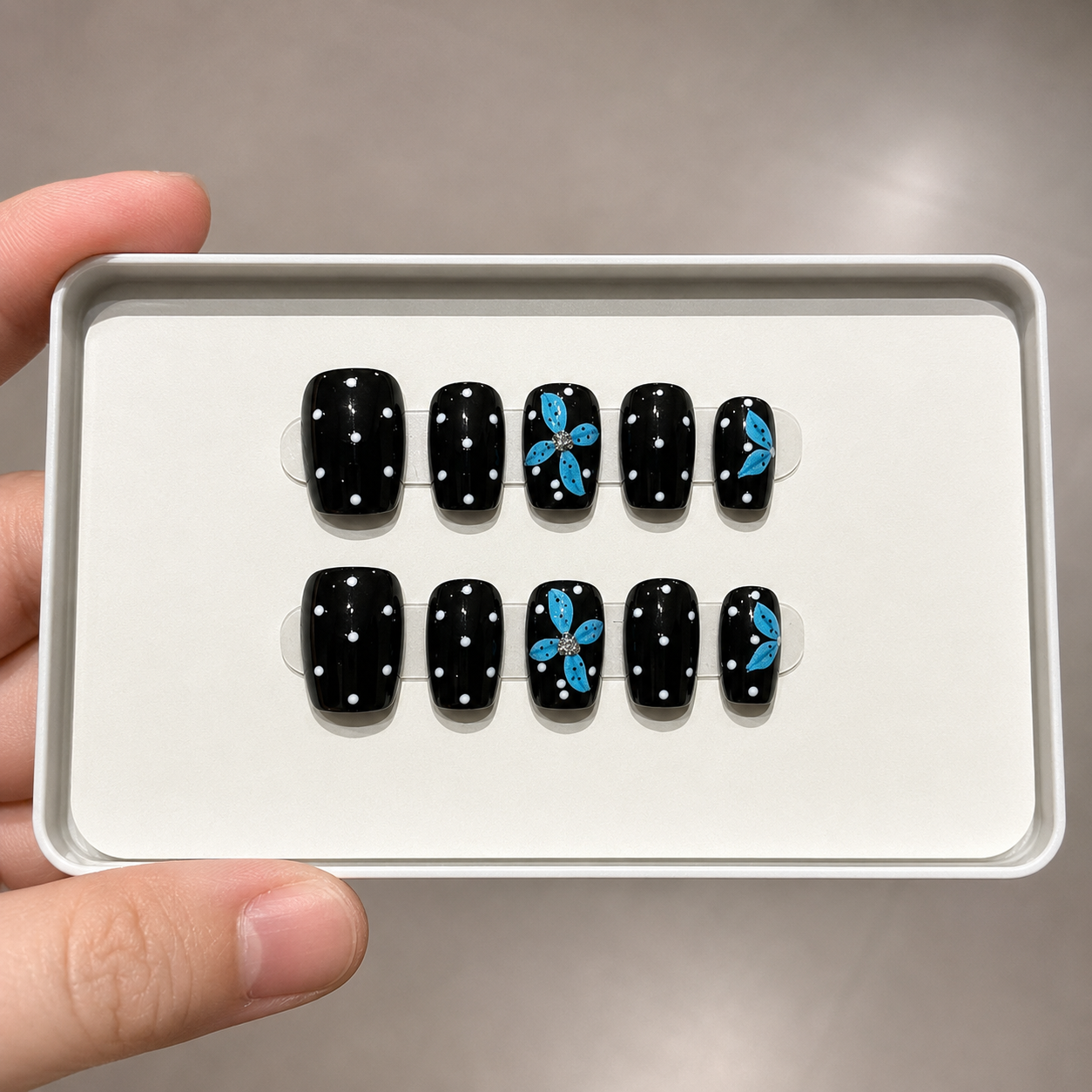 Blue Black Polka Dot Floral Press-On Nails product image