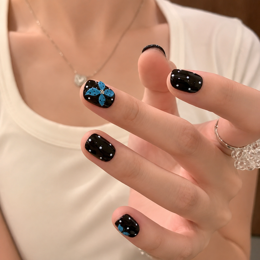 Blue Black Polka Dot Floral Press-On Nails product image