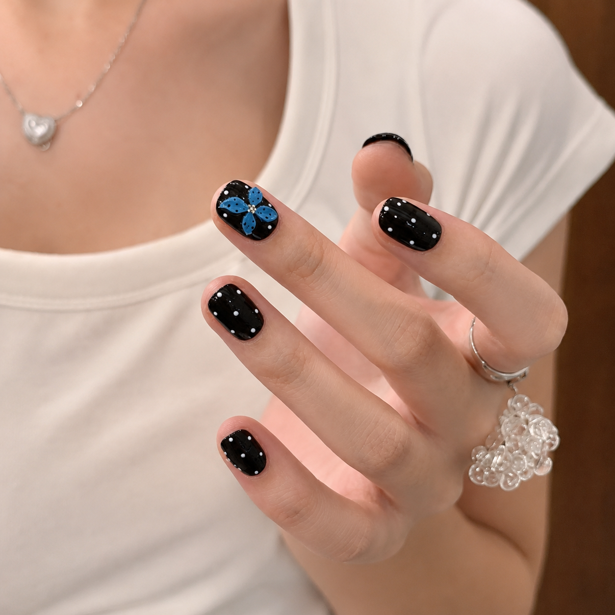Blue Black Polka Dot Floral Press-On Nails product image
