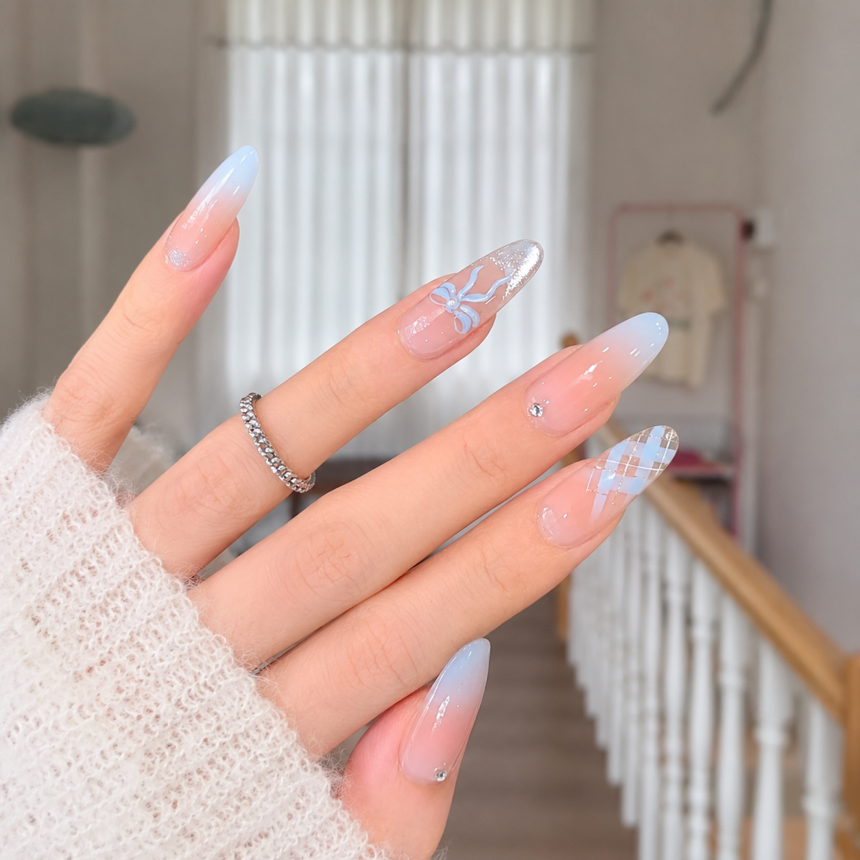 Baby Blue Ombre Bow Press-On Nails product image