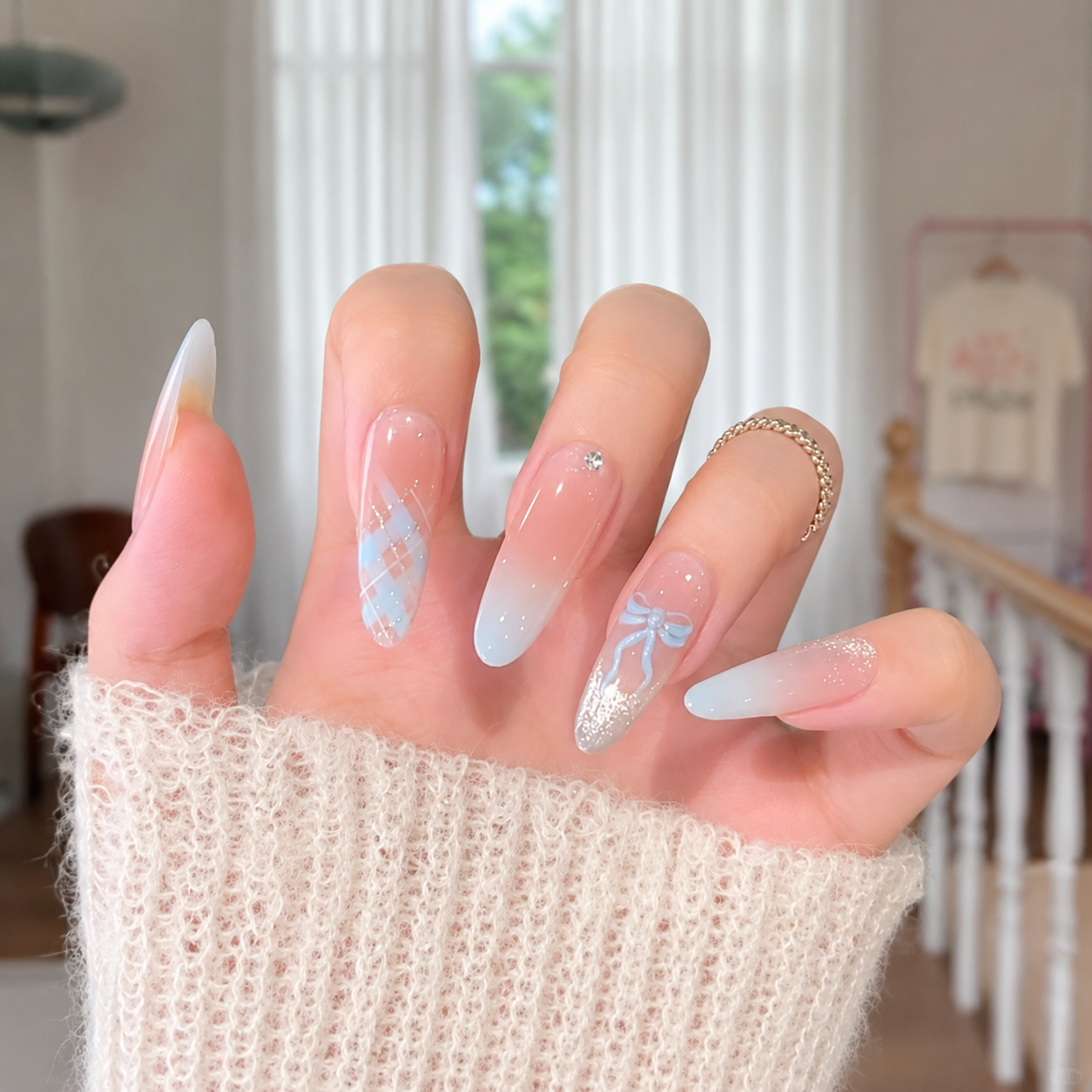 Baby Blue Ombre Bow Press-On Nails product image