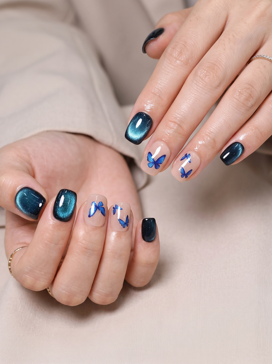 Blue Glass-Bead Butterfly Cat Eye Press-On Nails product image