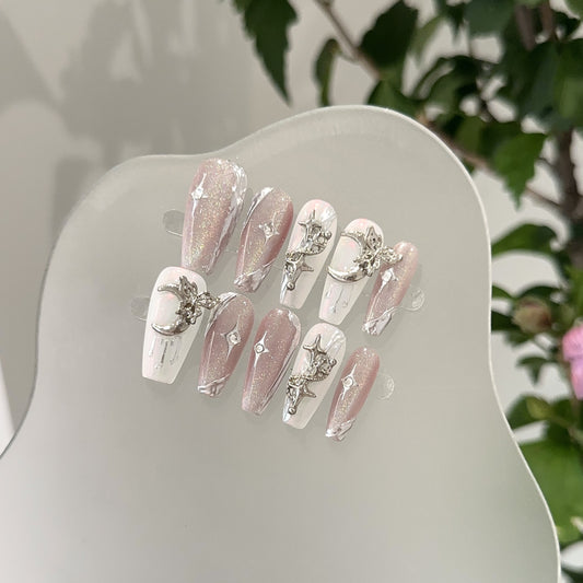 Handmade Press-On Nails - Premium Purple Rainbow Cat Eye Design with White Stars and Moon, Elegant and Fair Skin-Enhancing Fake Nails