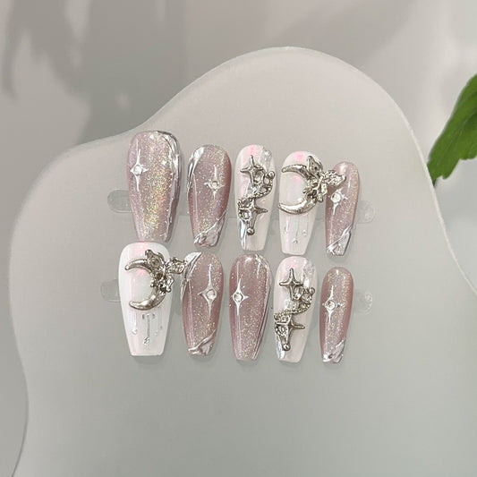 Handmade Press-On Nails - Premium Purple Rainbow Cat Eye Design with White Stars and Moon, Elegant and Fair Skin-Enhancing Fake Nails