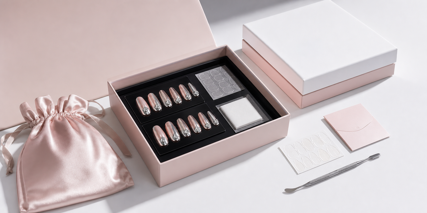 Press-on nail kit with adhesive tabs prep pad and satin pouch