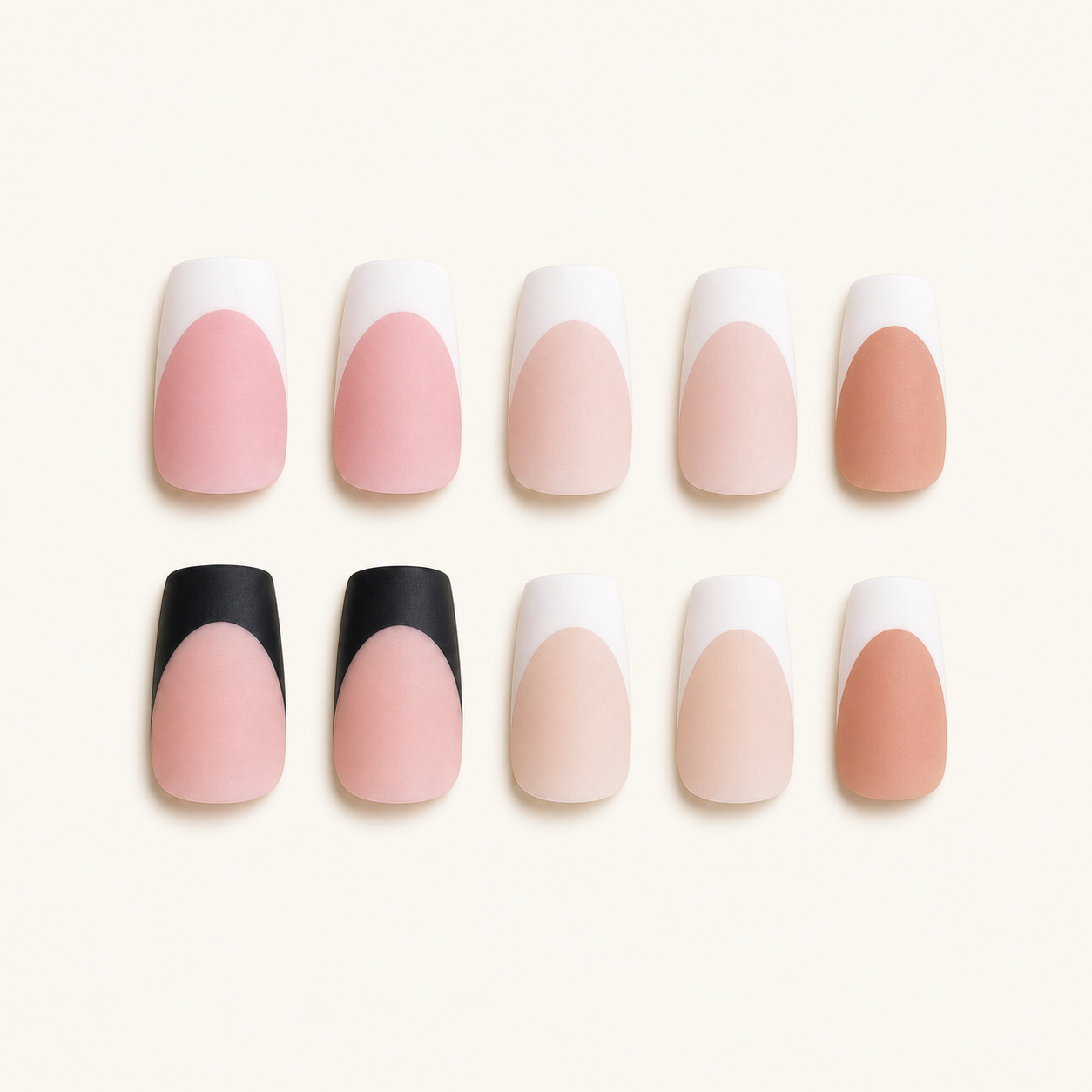 Mixed matte French press-on nails on ivory background