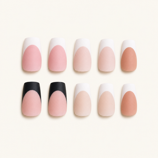 Mixed matte French press-on nails on ivory background