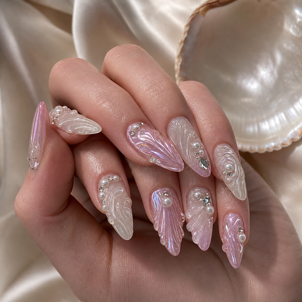 Model wearing pearl shell pink press-on nails