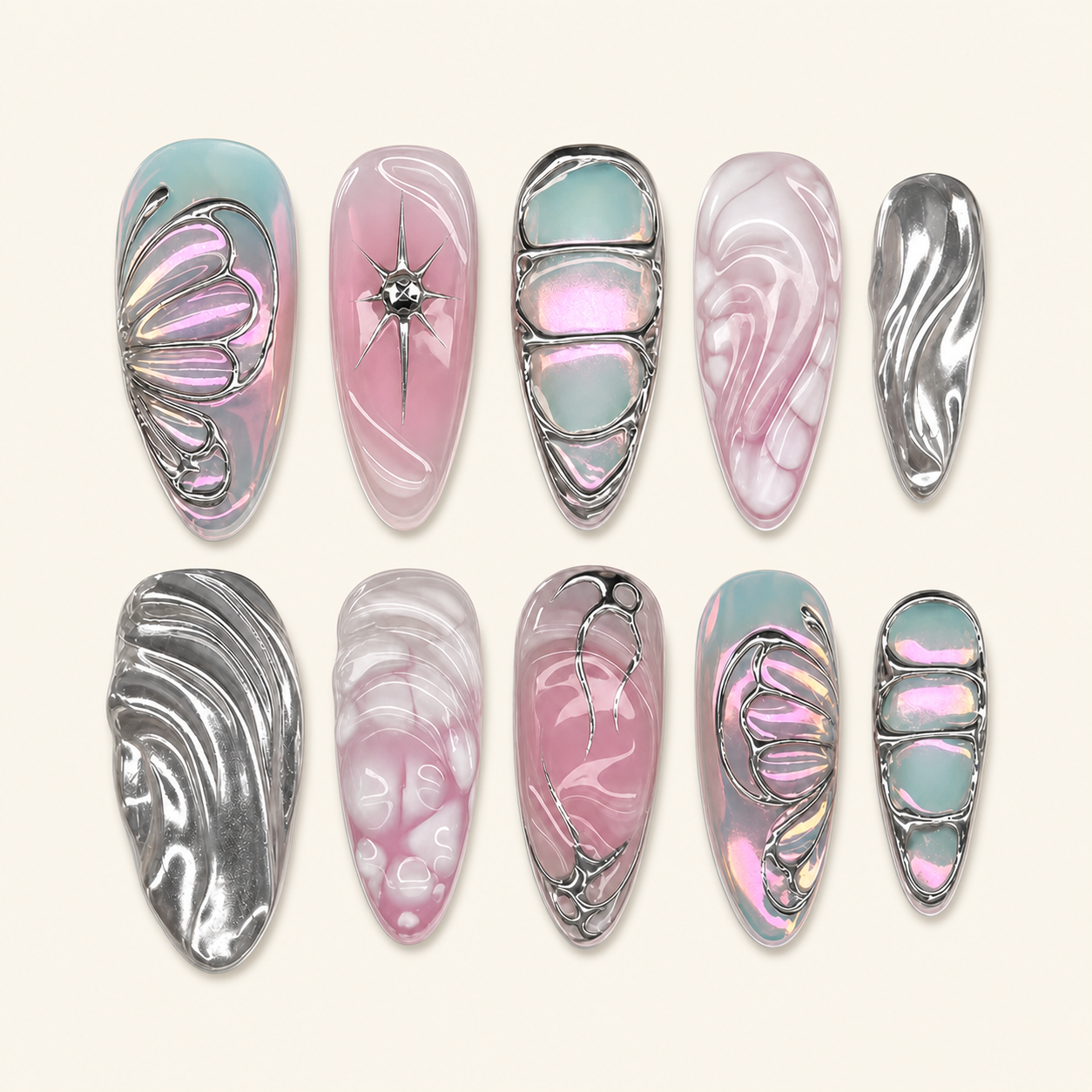 Silver butterfly press-on nails on ivory background