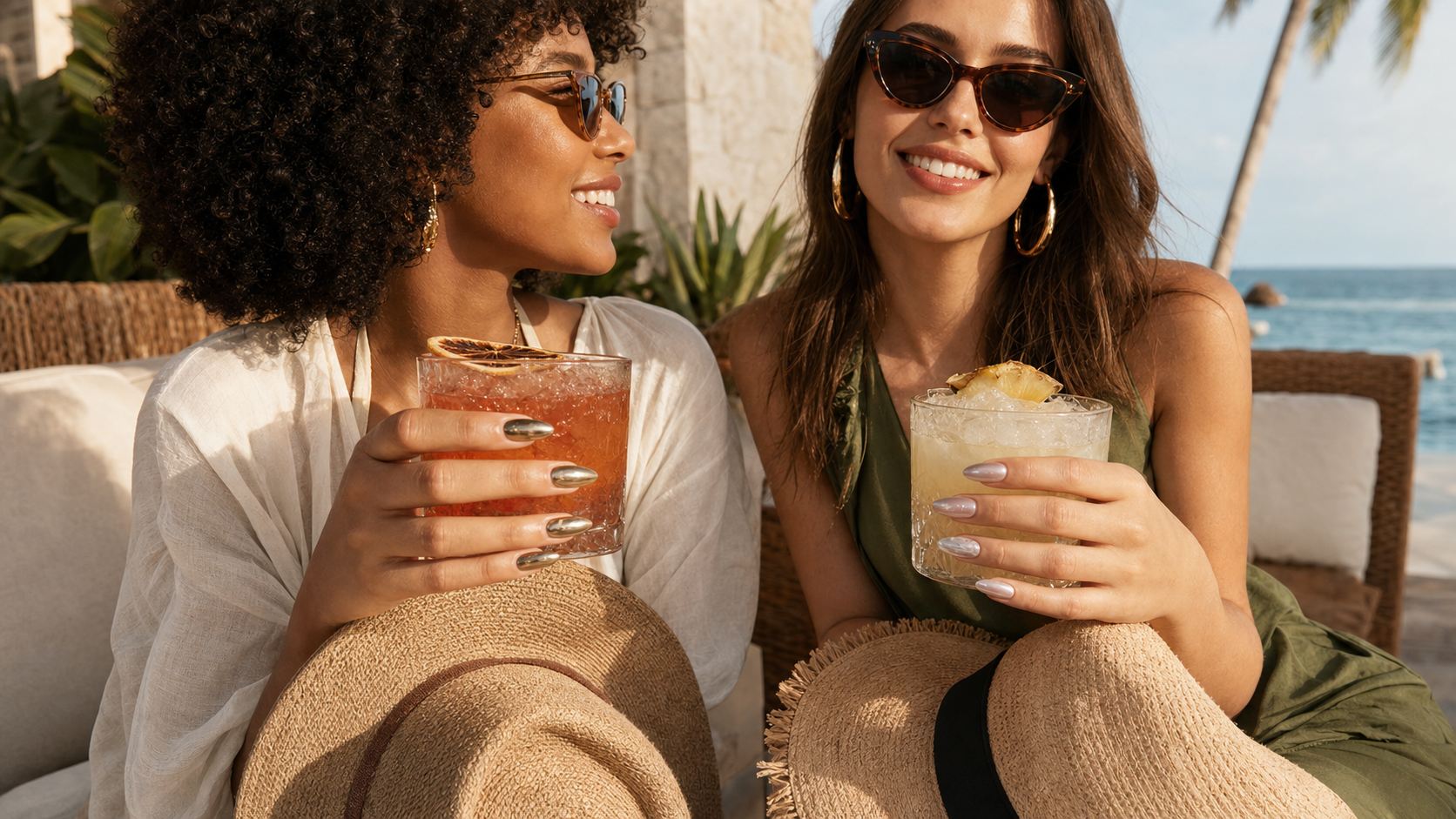 Two women at a tropical resort showing glossy press-on nails